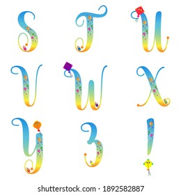 ABC letters. Kite flying font. Makar Sankranti alphabets. Evening sky gradient characters with kites. Kids vector for storybooks journals and web. Illustration stock.