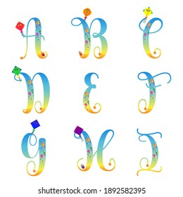 ABC letters for kite flying. Makar Sankranti alphabets. Evening sky gradient characters with kites. Kids vector for storybooks journals and web. Illustration stock.