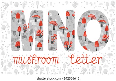 ABC, letters M, N, O. Mushrooms and forest elements in colorful alphabet. Autumn forest ABC symbols