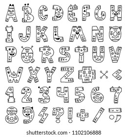 ABC Letters And Numbers Doodle Characters. Black And White Drawing. Vector Illustration.