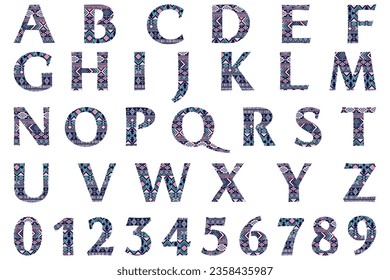 Abc letters and numbers with geometric ethnic pattern. Isolated English alphabet uppercase letters and numbers font design elements. Children book title typeface. Back to school font symbols font