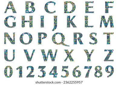 Abc letters and numbers with geometric ethnic pattern. Isolated English alphabet uppercase letters and numbers font design elements. Children book title typeface. Back to school font symbols font