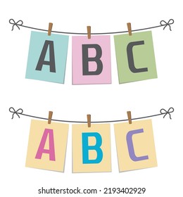 Letras ABC sobre papel colgado en una cuerda, ilustración vectorial aislada