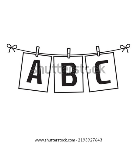 ABC letters on paper hanging on a rope, black outline, vector isolated illustration