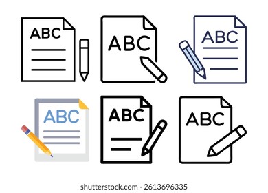 ABC letters on a paper sheet with a pencil interface symbol icon set. A set of icons for web design. set of icons for business