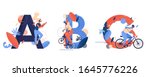 Abc letters sequence decorated with texture, leaves and sport women. A for aerobics, B for bmx riding, C for bicycle cycling. Isolated on white characters and creative lettering concept