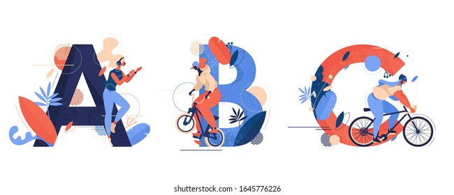 Abc letters sequence decorated with texture, leaves and sport women. A for aerobics, B for bmx riding, C for bicycle cycling. Isolated on white characters and creative lettering concept