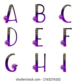 Cartas ABC. Alfabetos de las estrellas. Colección Abcdefghi. Personajes gradientes de cielo de medianoche. Alfabeto de estrellas brillantes. Estrellas brillantes de luna y nubes. Ilustración vectorial. Letras tipo de letra de libro de historias.
