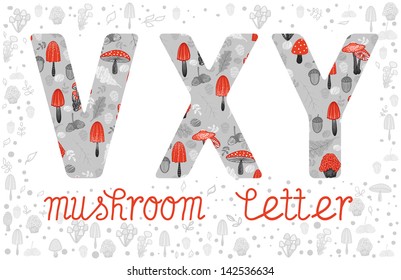 ABC, letters V, X, Y. Mushrooms and forest elements in colorful alphabet. Autumn forest ABC symbols