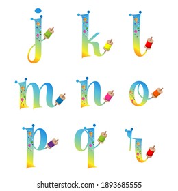 ABC lowercase letters for kite flying. Makar Sankranti alphabets. Evening sky gradient characters with kites. Kids vector for storybooks journals and web. Illustration stock. Preschool ABC elements.