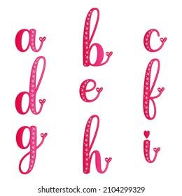 ABC lowercase letters. Romantic pink gradient font for Valentines day. Pink alphabets with heart gemstone and sparkle patterns. Abcdefghi set. Illustration for love wedding anniversary birthday web
