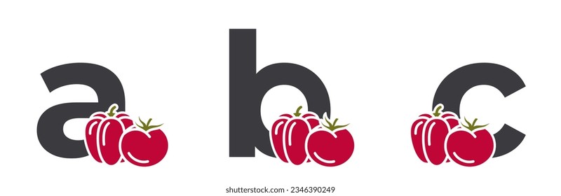letras en minúscula abc con tomate y pimienta. diseño de alfabeto vegetal. imagen vectorial de cosecha, agricultura y agricultura