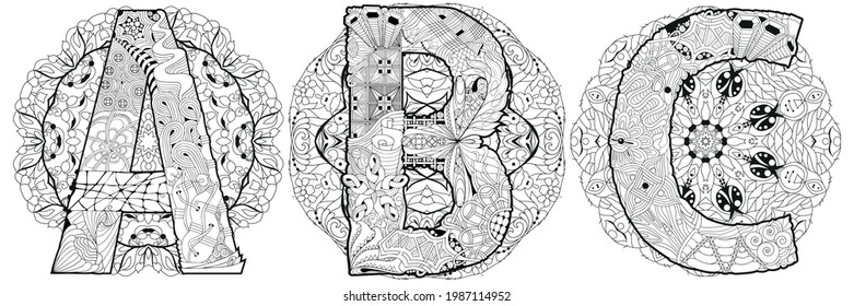 ABC with mandalas. Vector decorative zentangle object for coloring