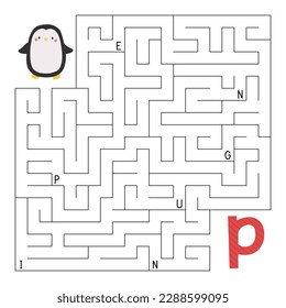 ABC maze game. Educational alphabet puzzle. Labyrinth with letters. Help penguin find right way to the letter P. Printable activity worksheet. Learn English language. Vector illustration.