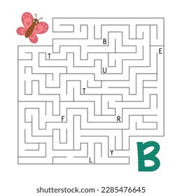 ABC maze game. Educational puzzle for children. Labyrinth with letters. Help cartoon butterfly find right way to the letter B. Activity worksheet. Vector illustration.