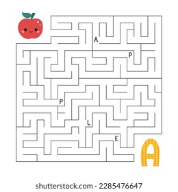 ABC maze game. Educational puzzle for kids. Labyrinth with letters. Help cartoon apple find right way to the letter A. Kawaii food. Activity worksheet. Vector illustration.