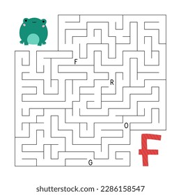 ABC maze game. Educational puzzle for kids. Labyrinth with letters. Help frog find right way to the letter F. Printable activity worksheet. Learn English language. Vector illustration.