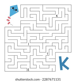 ABC maze game. Educational puzzle for children. Labyrinth with letters. Help kite find right way to the letter K. Printable activity worksheet. Learn English language. Vector illustration.