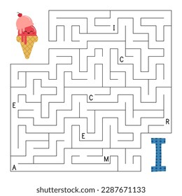 ABC maze game. Educational puzzle for kids. Labyrinth with letters. Help kawaii ice cream find right way to the letter I. Activity worksheet. Learn English. Alphabet game Vector illustration.