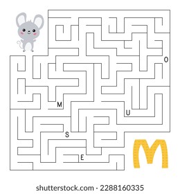 ABC maze game. Educational puzzle for children. Labyrinth with letters. Help mouse find right way to the letter M. Activity worksheet. Learn English language for preschool kids. Vector illustration.