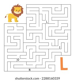 ABC maze game. Educational puzzle for children. Labyrinth with letters. Help lion find right way to the letter L. Printable activity worksheet. Learn English language. Vector illustration.