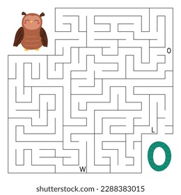 ABC maze game. Educational puzzle for children. Labyrinth with letters. Help owl find right way to the letter O. Printable activity worksheet. Learn English language. Vector illustration.