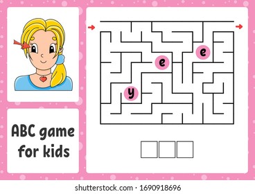ABC maze for kids. Answer ear. Rectangle labyrinth. Activity worksheet. Puzzle for children. Cartoon style. Logical conundrum. Color vector illustration.