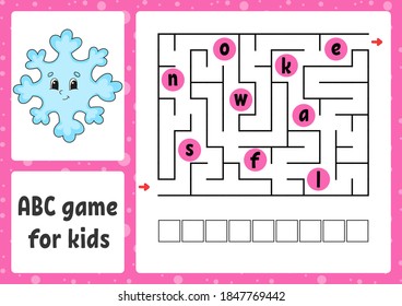 ABC maze for kids. Rectangle labyrinth. Christmas theme. Activity worksheet. Puzzle for children. Cartoon style. Logical conundrum. Color vector illustration.