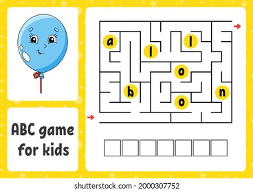 ABC maze for kids. Rectangle labyrinth. Activity worksheet. Puzzle for children. Cartoon style. Logical conundrum. Color vector illustration.
