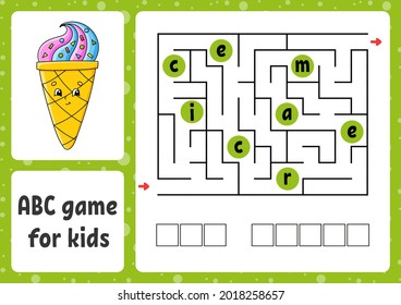 ABC maze for kids. Rectangle labyrinth. Activity worksheet. Puzzle for children. Cartoon style. Logical conundrum. Color vector illustration.