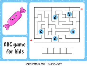 ABC maze for kids. Rectangle labyrinth. Activity worksheet. Puzzle for children. Cartoon style. Logical conundrum. Color vector illustration.