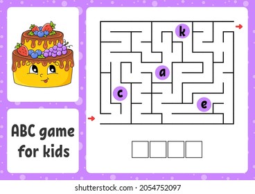 ABC maze for kids. Rectangle labyrinth. Activity worksheet. Puzzle for children. Cartoon style. Logical conundrum. Color vector illustration.