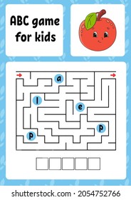 laberinto ABC para los niños. Rectángulo laberinto. Hoja de trabajo de actividad. Rompecabezas para los niños. Estilo de caricatura. Dificultad lógica. Ilustración del vector de color.