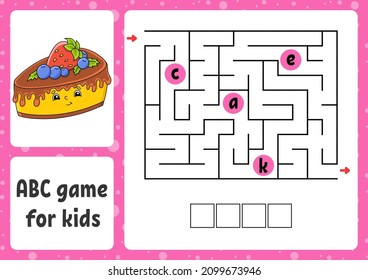 ABC maze for kids. Rectangle labyrinth. Activity worksheet. Puzzle for children. Cartoon style. Logical conundrum. Color vector illustration.