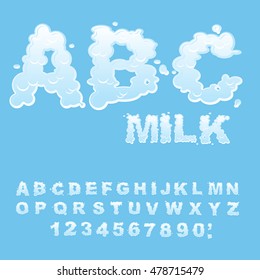 ABC Milk. white liquid letters. Fluid lettring. cream font of  whitey aqua. Alphabet Splash