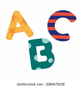 ABC multicolored letters with ornaments. Picture for the cover of the ABC book. Children's vector illustration.