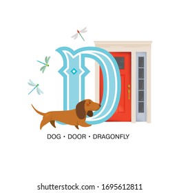 ABC Nursery Decor Print. Letter D is for dachshund dog, door and dragonflies