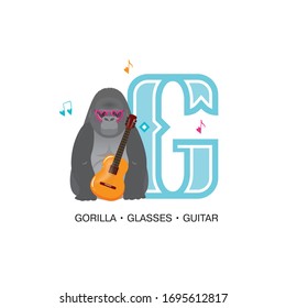 ABC Nursery Decor Print. Letter G is for giant gorilla with glasses and guitar