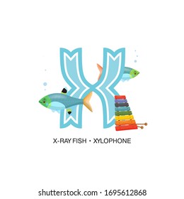 ABC Nursery Decor Print. Letter X is for x-ray fish and xylophone