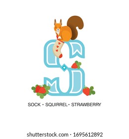 ABC Nursery Dekor Print. Letter S ist für Eichhörnchen mit Socken und Erdbeeren geeignet