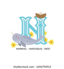ABC Nursery Decor Print. Letter N is for narwhal, narcissus and nest