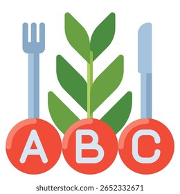 ABC Nutrition: garfo, planta e faca com círculos vermelhos com letras 