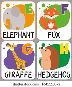 ABC. Part 2 of the full english alphabet with cute animals for children education. Letters E, F, G, H and funny zoo hand-drawn characters. Elephant, fox, giraffe, hedgehog. Cartoon.