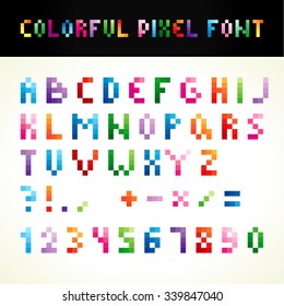 ABC pixel style colored. Set of vector multicolored letters, numbers. Alphabet in pixels and various colors. A b c d e f g h i j k l m n o p q r s t u w v x y z, 0 1 2 3 4 5 6 7 8 9, punctuation marks