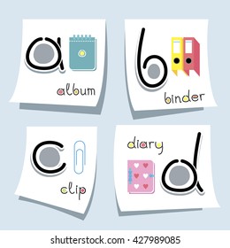 abc poster with the image of office supplies, a b c d