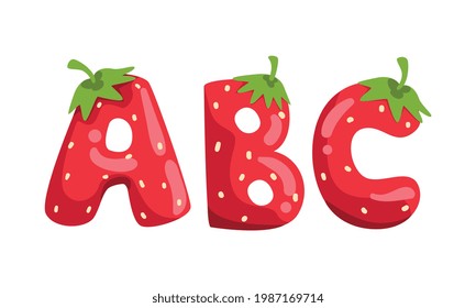 ABC Ripe Fresh Strawberry Alphabet Letters, Tasty Bright Jelly Red Berry Font Cartoon Vector Illustration
