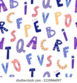 Abc Seamless Pattern. Cute Birthday Alphabet Print. Concept Of Learning English. Uppercase Colorful Letters For Kids Print, School Carnival Party, Typography. Vector Illustration