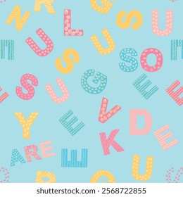 ABC seamless pattern in simple cartoon style. Cute alphabet print - hand drawn childish seamless pattern design. Digital paper.