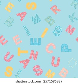 ABC seamless pattern in simple cartoon style. Cute alphabet print - hand drawn childish seamless pattern design. Digital paper.