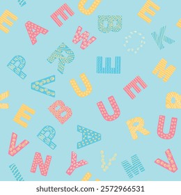 ABC seamless pattern in simple cartoon style. Cute alphabet print - hand drawn childish seamless pattern design. Digital paper.